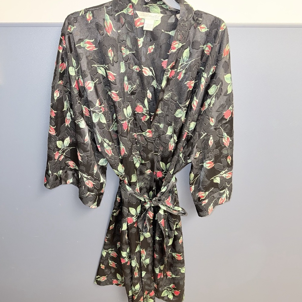 Lane Bryant Robe Tie Belt Red Rose Print Black Burnout Satin Vintage Size 14/20